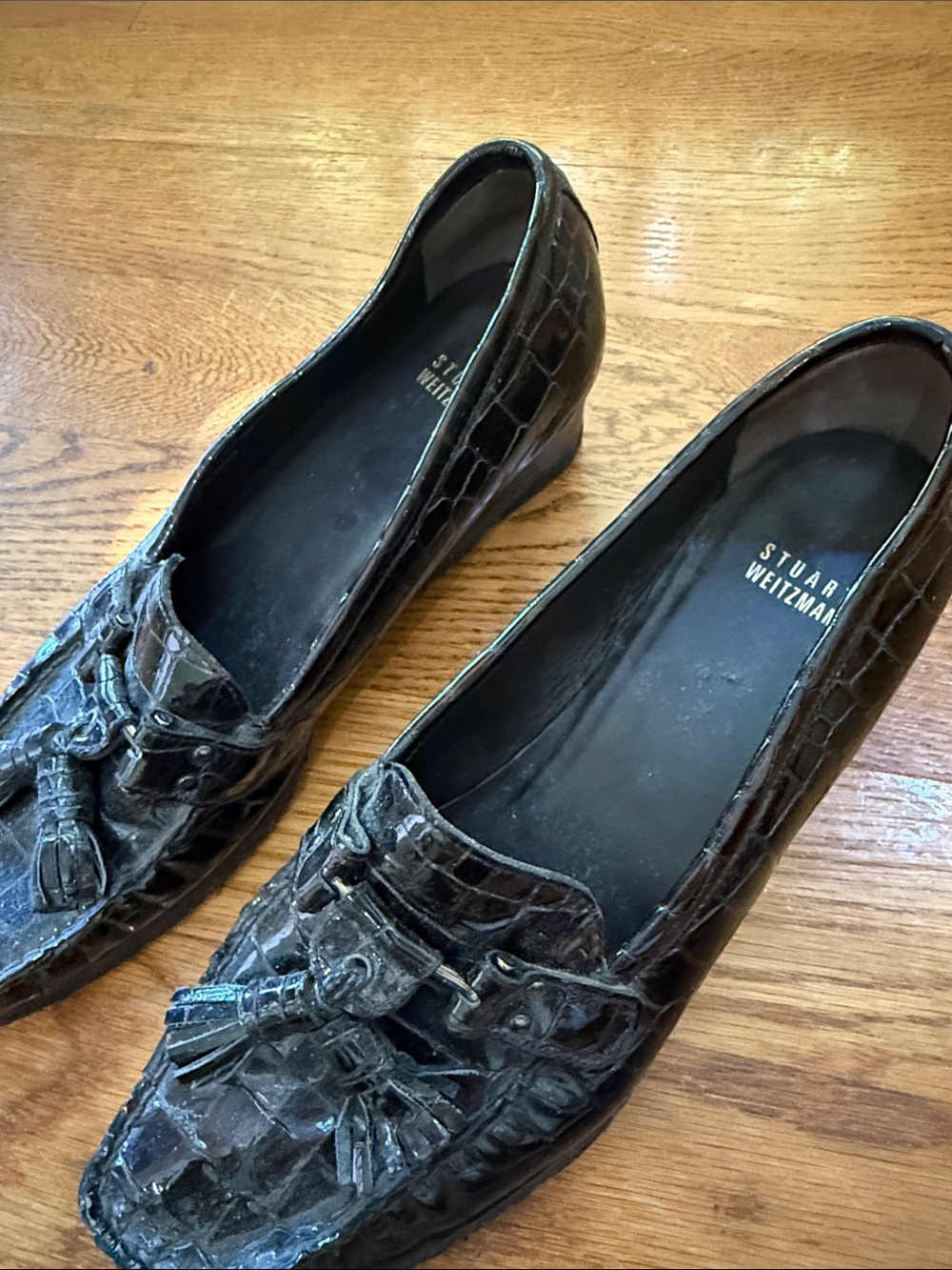 Stuart Weitzman Dark Brown Croc-Embossed Tassel Loafers